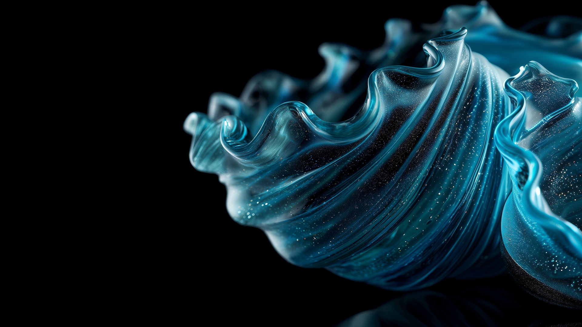 Liuli glass art by Auraliu, swirling teal forms shaped by light